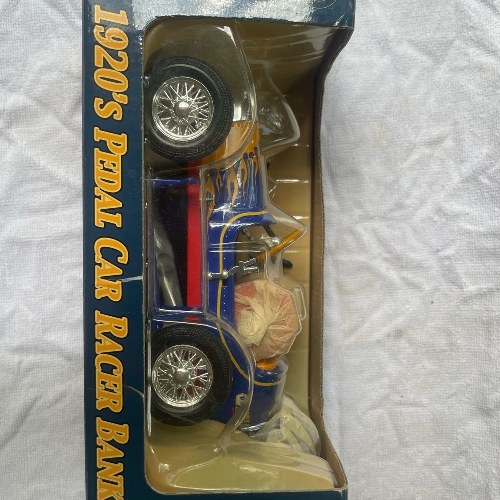 Vintage 1920's Pedal Car Racer Bank - Blue and Orange